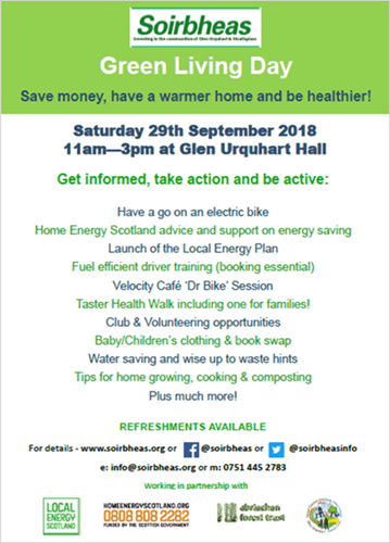 A poster advertising Soirbheas's Green Living Day on Saturday 29 September 2018 at Glen Urquhart Hall.