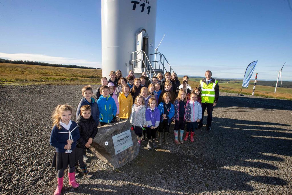 Local children celebrate the opening of Crossdykes wind farm with Michael Matheson MSP.
