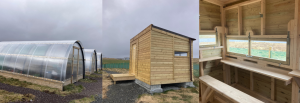 A collage of three photos taken on a visit to the Community Development Nesting Company in Nesting. Showing reinforced polytunnels.