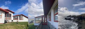 A collage of three pictures taken on a visit to the New Life Shetland Community Building. Two pictures show the white and red exterior of the building, the third shows a view of the north sea from the community building. 